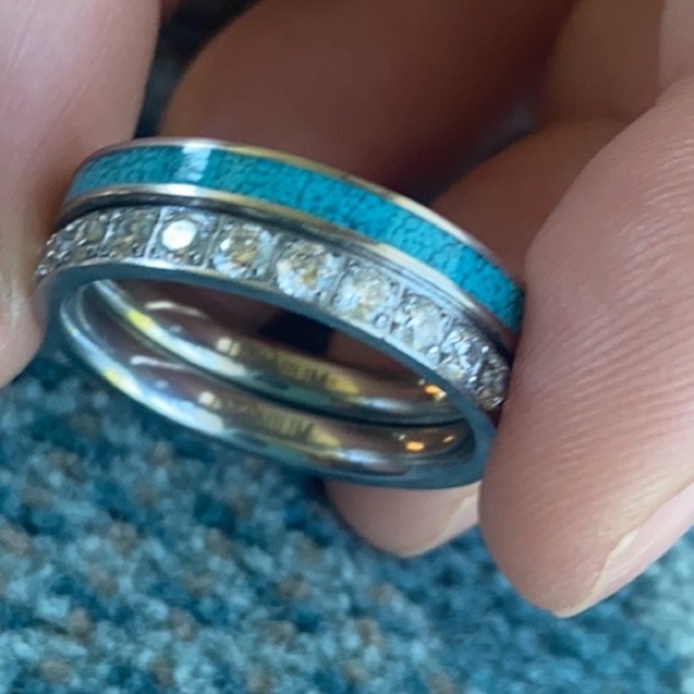 ✔️Genuine Natural Turquoise & Brilliant Cut Beryl Quartz Ring Set Solid Titanium